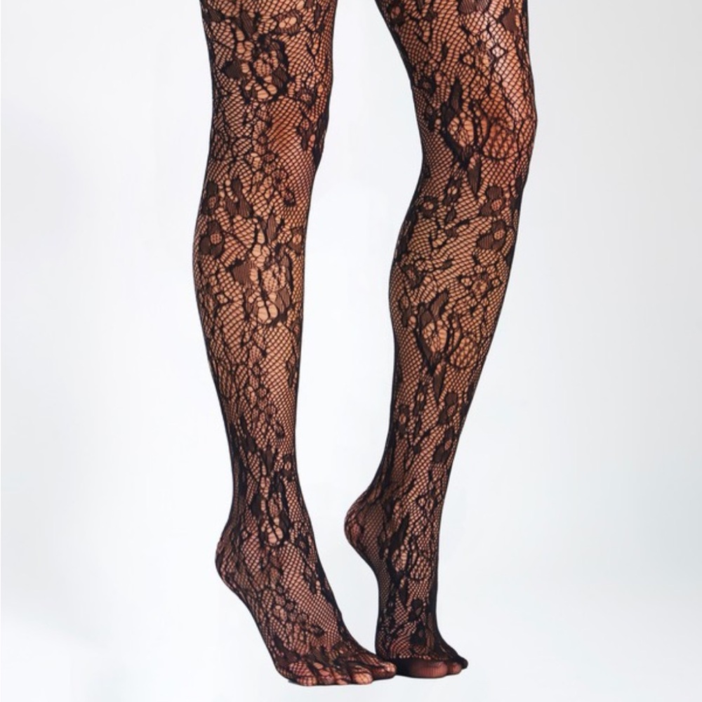 Miss circle Black Lace Floral Print Tights. $39